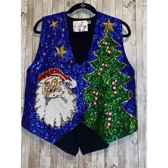 Not So Ugly Christmas Tree Santa Vest Sweater Sequin Bling Holiday Santa Claus - Picture 1 of 7